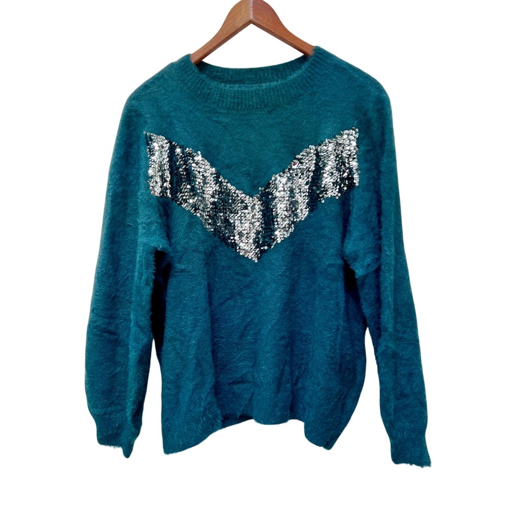 Nine West Cara‎ Santana Teal Green Fuzzy Sweater Sequin V Chevron Detail Size 1X